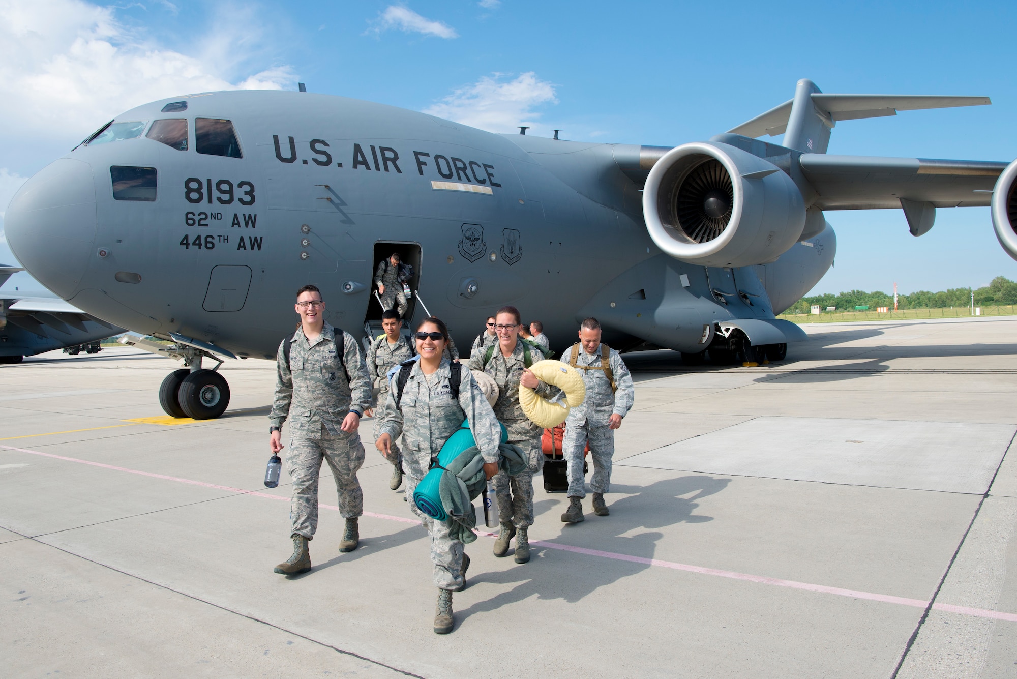 Airmen from the 140th Wing, Colorado Air National Guard, at Buckley Air Force Base, Colorado, arrive at Papa Air Base, Papa, Hungary, on a C-17 cargo aircraft in support of Operation Atlantic Resolve. The Colorado Air National Guard has deployed approximately 200 Airmen to Papa Air Base to conduct familiarization training alongside our NATO ally, Hungary. They will also participate in cross-border training with other deployed U.S. forces' aircraft and NATO aircraft in the region such as Slovenia, Slovakia and the Czech Republic. This deployment continues to demonstrate our commitment to our allies and European security and stability. (U.S. Air National Guard photo by Senior Master Sgt. John Rohrer) 