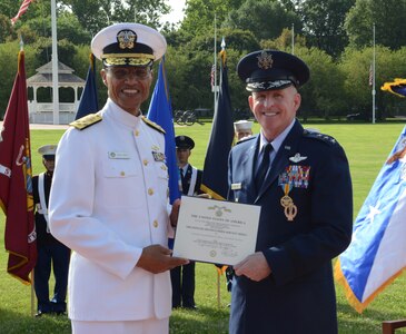 U.S. Navy Adm. Cecil D. Haney, U.S. Strategic Command (USSTRATCOM) commander, and U.S. Air Force then-Lt. Gen. Stephen W. Wilson, USSTRATCOM deputy commander, pose for a photo after Haney presented the Defense Distinguished Service Medal to Wilson during his promotion ceremony to the rank of general at Offutt Air Force Base, Neb., July 22, 2016. Haney hosted the ceremony and congratulated Wilson on his promotion and appointment as the 39th vice chief of staff of the U.S. Air Force. Wilson, a command pilot with more than 4,500 flying hours and 680 combat hours, has been at USSTRATCOM since July 2015. He previously served as the Air Force Global Strike Command commander. One of nine DoD unified combatant commands, USSTRATCOM has global strategic missions assigned through the Unified Command Plan, which include strategic deterrence; space operations; cyberspace operations; joint electronic warfare; global strike; missile defense; intelligence, surveillance and reconnaissance; combating weapons of mass destruction; and analysis and targeting. (USSTRATCOM photo by Master Sgt. April Wickes)