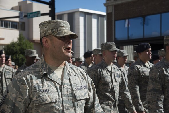 Master Sgt. Royal Maxey, 90th Missile Security Forces Missile Squadron member, leads more than 160 Airmen from the 90th Missile Wing in the 120th Cheyenne Frontier Days opening grand parade in Cheyenne, Wyo., July 23, 2016. Service members from multiple service branches took part in the parade, the city’s biggest annual event. (U.S. Air Force photo by Senior Airman Malcolm Mayfield)