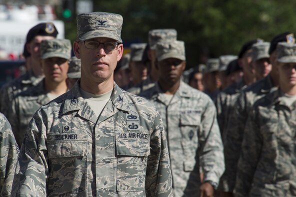 Col. Greg Buckner, 90th Maintenance Group commander, leads more than 160 Airmen from the 90th Missile Wing in the 120th Cheyenne Frontier Days opening grand parade in Cheyenne, Wyo., July 23, 2016. Military members from multiple service branches took part in the parade. (U.S. Air Force photo by Staff Sgt. Christopher Ruano)