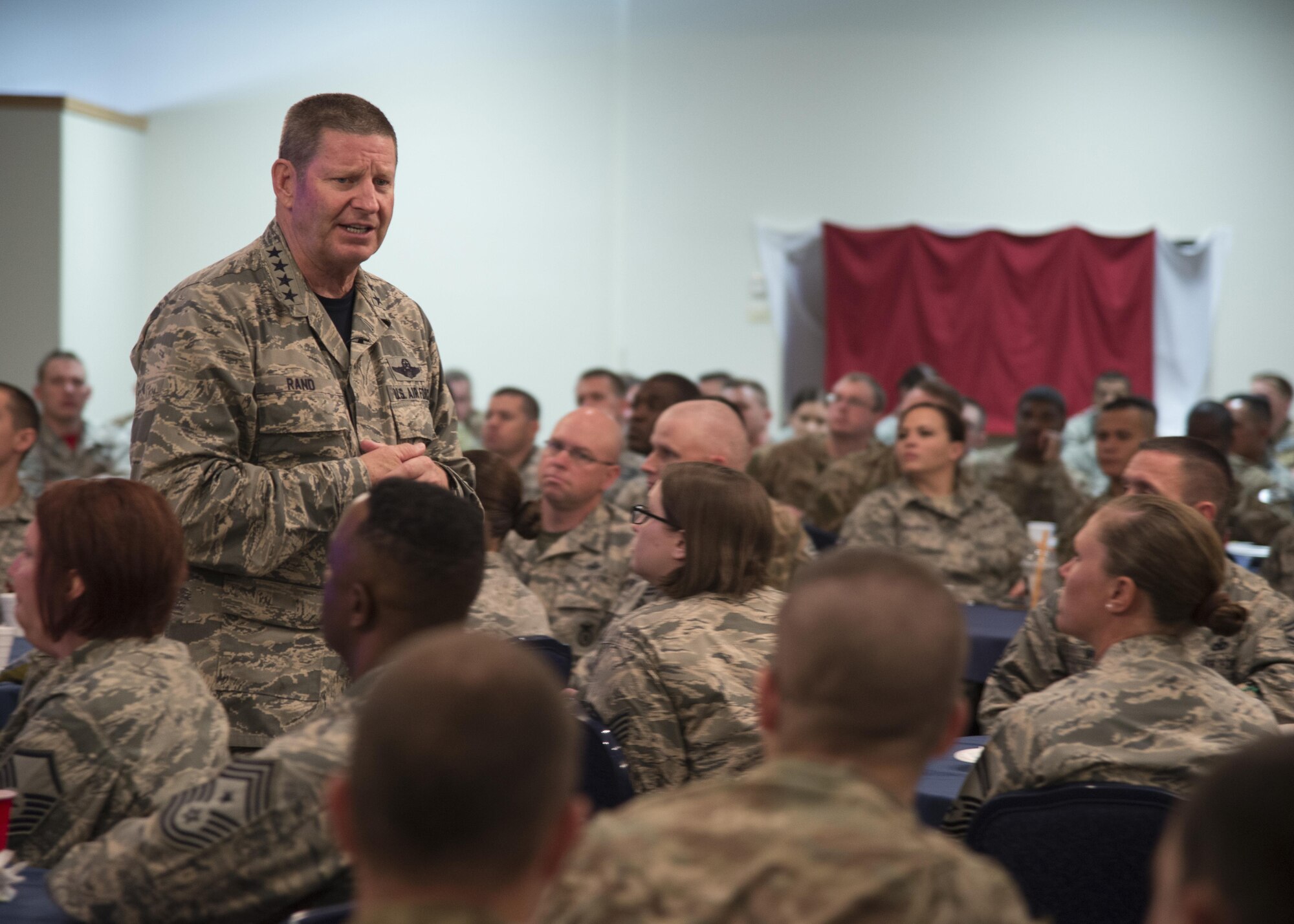 Gen. Robin Rand, AFGSC commander, talks with 90th Missile Wing Airmen about the importance of diversity, respect and camaraderie during an Enlisted Professional Development lunch, July 22, 2016, at F.E. Warren AFB, Wyo. Earlier that morning, Rand spoke with first-term Airmen about adhering to the core values. (U.S. Air Force photo by Senior Airman Malcolm Mayfield)