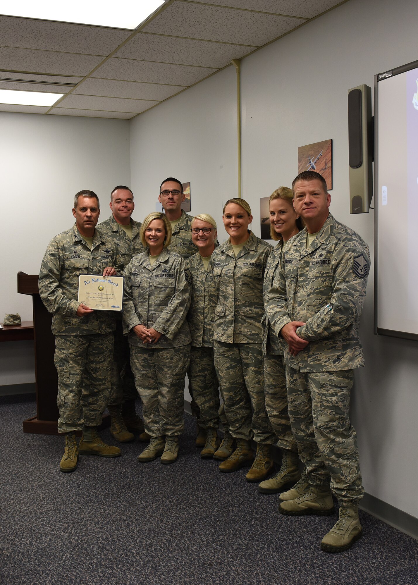 The 193rd Special Operations Wing recruiting and retention team earned the national Region IV 2015 Patriot Team of the Year award at their annual certification and training course in Gulfport, Mississippi, April 18. The Patriot Team of the Year award recognizes the top wing recruiting and retention team that showcases superior programs. This award takes into account leadership and job performance, significant self-improvement as well as base and community involvement. (U.S. Air National Guard photo by Airman 1st Class Julia Sorber/Released)