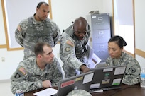 FT. MCCOY, Wisc. – Master Sgt. Duane Emerson, center, and Sgt 1st Class William Thomas, left back, Observer/Controller/Trainers for the Trans Warrior exercise, look over a scenario given in Transportation Coordinators’ Automated Information for Movement System II with Sgt. Andrew Davis, far left, and Spc. Jiuen Jun, members of the 931st Expeditionary Theatre Opening Element, based out of Sherman Oaks, Calif.. Trans Warrior was held July 9 through 23, here, providing U.S. Army Reserve transportation Soldiers an opportunity to train realistically on port operations. (U. S. Army Reserve photo by Sgt. Charlotte Fitzgerald, 345th Public Affairs Detachment)