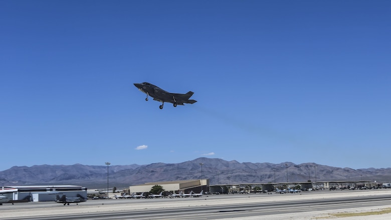 An F-35B Lightning II with Marine Fighter Attack Squadron 121 takes off during exercise Red Flag 16-3 at Nellis Air Force Base, Nevada, July 20. This is the first time that the fifth generation fighter has participated in the multiservice air-to-air combat training exercise.