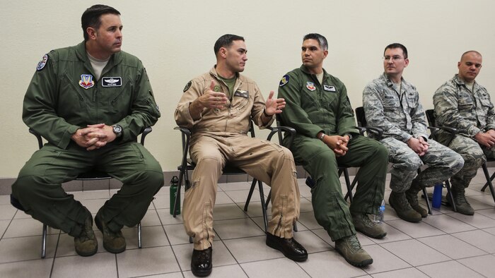 Lt. Col. J.T. Bardo, second from left, commanding officer of Marine Fighter Attack Squadron 121, answers questions about the F-35B Lightning II participating in exercise Red Flag 16-3 at Nellis Air Force Base, Nevada, July 20. This is the first time that the fifth generation fighter has participated in the multiservice air-to-air combat training exercise.