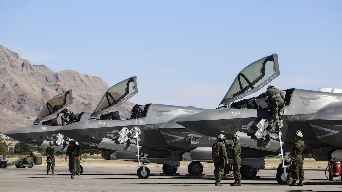 Pilots with Marine Fighter Attack Squadron 121 exit F-35B Lightning II’s after conducting training during exercise Red Flag 16-3 at Nellis Air Force Base, Nevada, July 20, 2016. This is the first time that the fifth generation fighter has participated in the multiservice air-to-air combat training exercise.