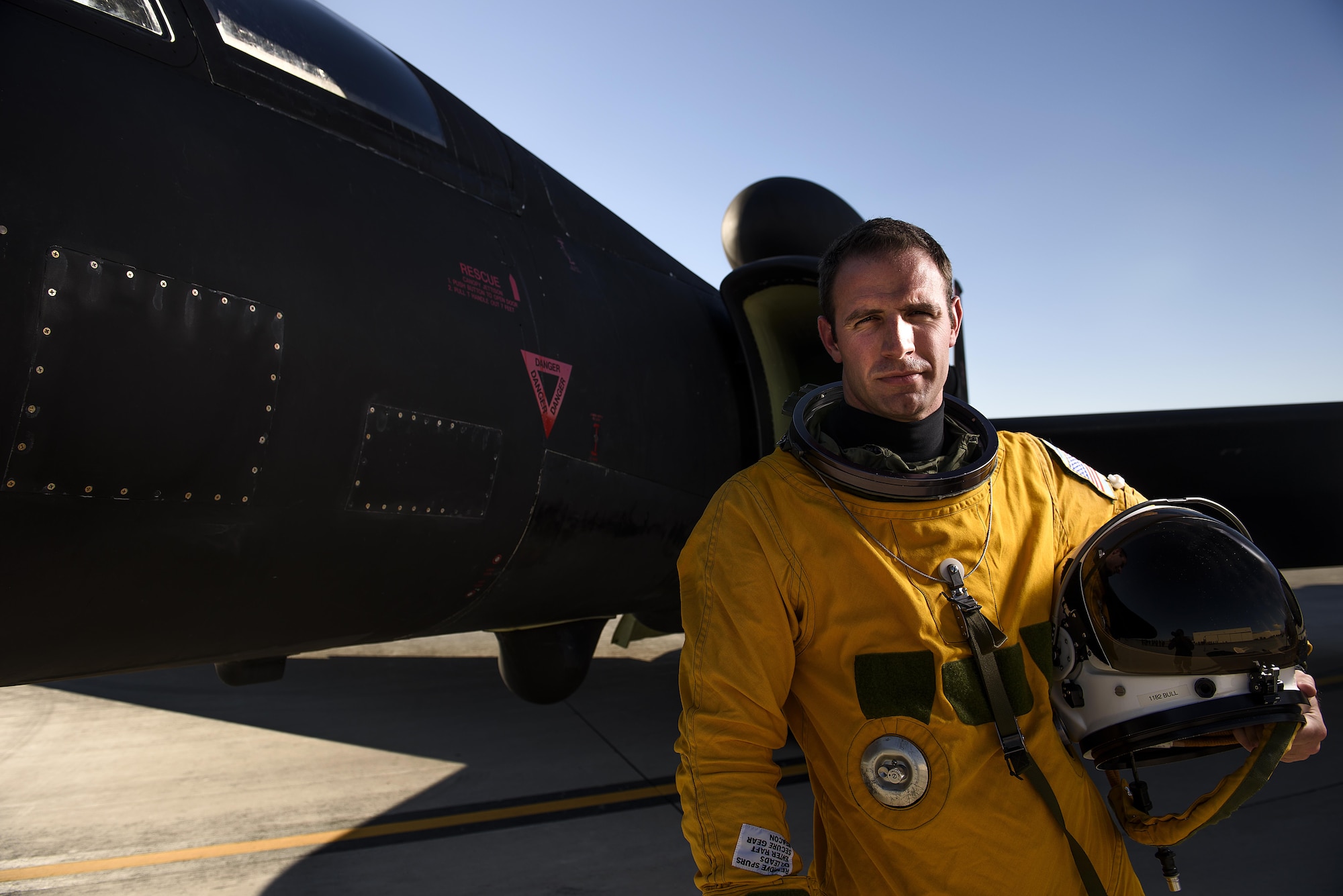 Capt. Arthur Bull, a U-2 pilot from 99th Reconnaissance Squadron, in his pressured space suit at Nellis Air Force Base, Nevada during exercise Red Flag. Airmen from Beale Air Force Base, California traveled out to Red Flag for the fist time since the mid 1990s--typically the aircraft flies exercise missions out of their home station. Red Flag 16-3 is aimed at teaching service members how to integrate air, space and cyberspace elements. (U.S. Air Force photo/Tech. Sgt. David Salanitri)