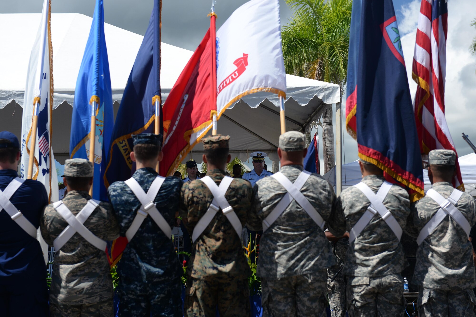 U.S. Service members present the colors during the 72nd Guam Liberation Day parade July 21, 2016, in Hagåtña, Guam. This year marked the 72nd annual celebration of Guam’s liberation from imperial Japan’s control. U.S. armed forces liberated the island on July 21, 1944. (U.S. Air Force photo by Airman 1st Class Jacob Skovo/Released)