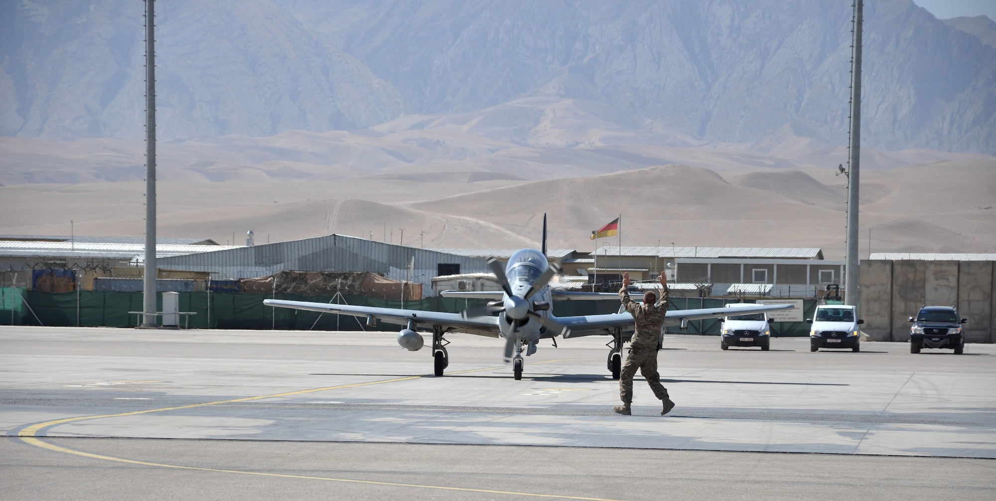Brig. Gen. David Hicks, 438th Air Expeditionary Wing and Train, Advise, Assist Command – Air (TAAC-Air) commander, taxis an A-29 Super Tucano at Mazar-e-Sharif, Afghanistan, July 21, 2016. Hicks and Afghan Air Force Commander Lt. Gen. Abdul Wahab visited multiple leaders during a visit to the TAAC-North Headquarters. (U.S. Air Force photo by Capt. Jason Smith) 
