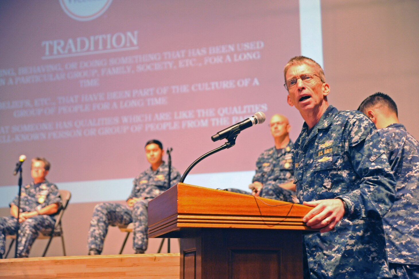 YOKOSUKA, Japan (July 21, 2016) U.S. 7th Fleet Chaplain Capt. Cameron Fish monitors a discussion panel on tradition at 7th Fleet's first Leadership, Equality, and Diversity (LEAD) symposium on Yokosuka Naval Base. The LEAD symposium focused on cultivating leadership and understanding of equality and diversity issues in the Navy. (U.S. Navy photo by Mass Communication Specialist 2nd Class Indra Bosko/Released)