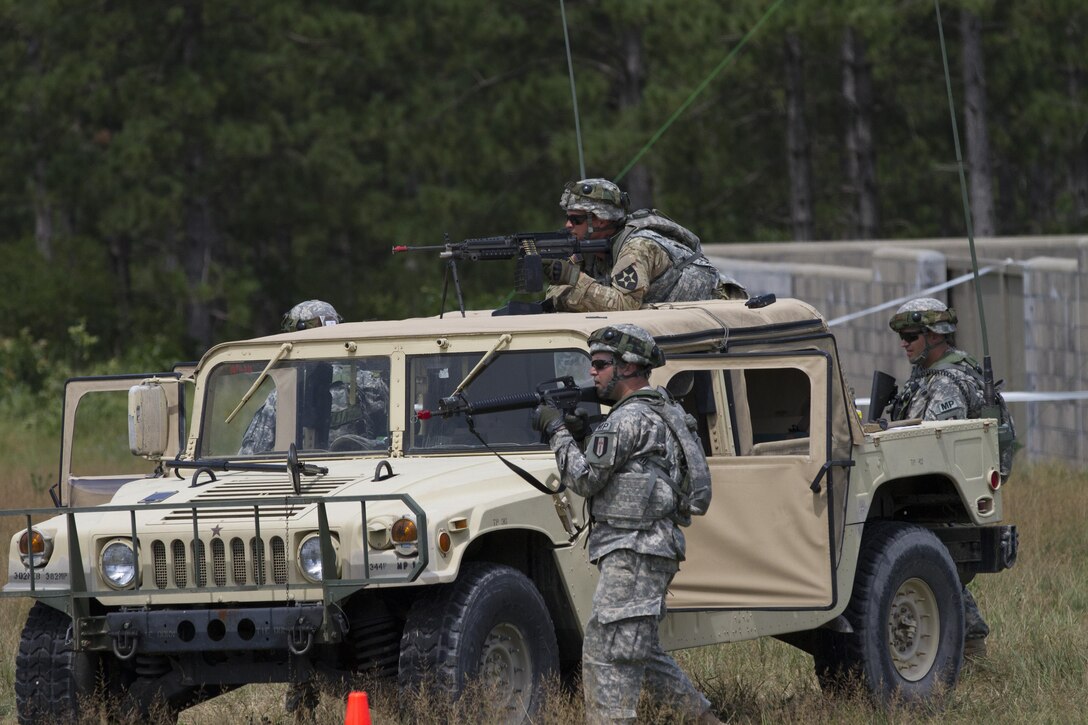 FORT MCCOY, Wis.--Soldiers from the 320th Military Police Company, St. Petersburg, Fla. scan their sectors of fire from a high mobility multi-purpose wheeled vehicle as part of the quick reaction force in a mass casulaty scenario during Warrior Exercise 2016. More than 92 units from across the U.S Army Reserve, Army National Guard and Active Army are participating in the 84th Training Command's third and final Warrior Exercise of the year. WAREX 86-16-03, hosted by the 86th Training Division here.  (U.S Army Photo by Sgt. Devin M. Wood)