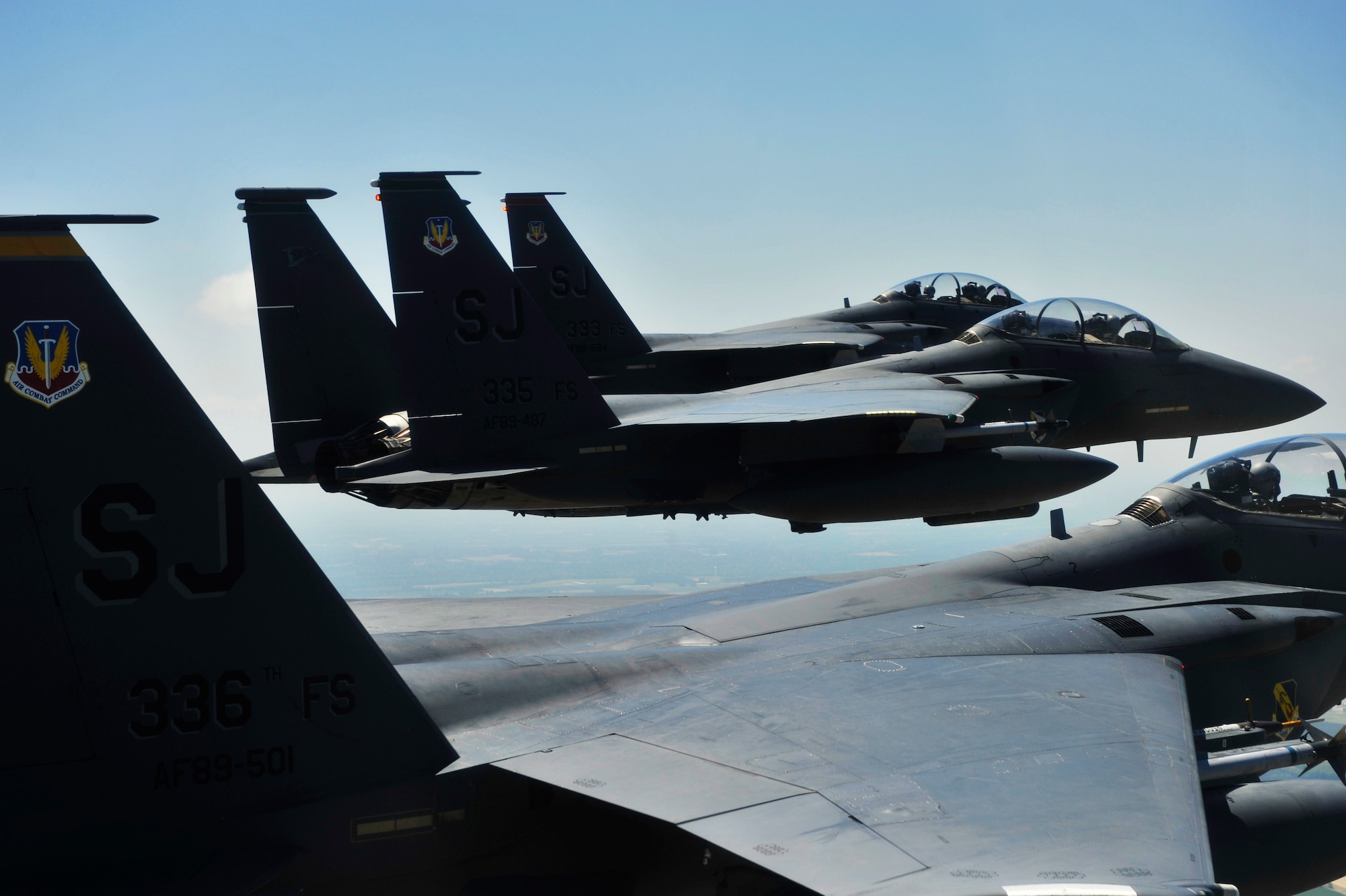 U.S. Air Force F-15E Strike Eagles from the 4th Fighter Wing fly in formation during a Turkey Shoot training mission near Seymour Johnson Air Force Base, N.C., April 16, 2012.  The wing generated nearly 70 aircraft to destroy more than 1,000 targets on bombing ranges across the state to commemorate the 4th Fighter Wing's victory over the Luftwaffe on April 16, 1945.  (U.S. Air Force Photo by Staff Sgt. Eric Harris/Released)