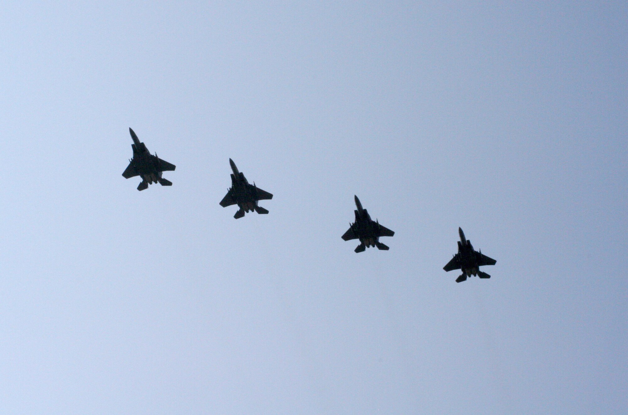 A four ship of F-15E Strike Eagles from Seymour Johnson Air Force Base, North Carolina perform a flyover for the Salute the Troops parade in downtown Raleigh, North Carolina, April 26. The intent of the event was to gather the people of North Carolina together to show appreciation to all of the United States Military personnel. The parade featured every branch of the active-duty military, the National Guard, Air Guard and Coast Guard, from every installation in the state and more than 50,000 spectators attended. The flyover represents the men and women of the 4th Fighter wing who put airpower, on target, on time. (U.S. Air Force photo by Capt. Tana R.H. Stevenson)
