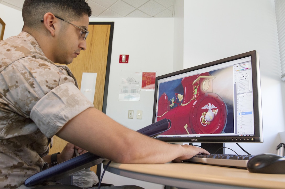 Sergeant John A. Martinez works on a Toys for Tots poster at the Marsh Center aboard Marine Corps Base Quantico, Va., August 21, 2016. Martinez utilizes the skills gained through his Bachelor’s degree in Media, Arts and Animation at The Art Institute of Houston to support the Marine Corps in his current military occupational specialty. During his time as a Marine, he also runs a startup multi-media business on weekends to provide for his family and expand on his passions for art. He is a graphics specialist for Marketing and Public Affairs at Marine Corps Recruiting Command, and a Houston, Texas, native.
