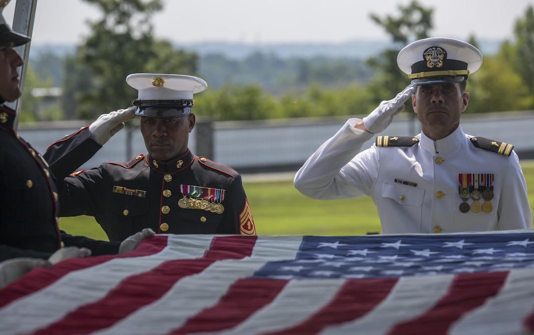 Funeral support staff renders a salute during a funeral at Arlington National Cemetery, Va., July 20, 2016. Marine Corps Body Bearers have the solemn and honorable duty to lay the Corps’ brothers and sisters to rest at the hallowed grounds of Arlington National Cemetery and other locations throughout the National Capital Region. (Official Marine Corps photo by Lance Cpl. Robert Knapp/Released)