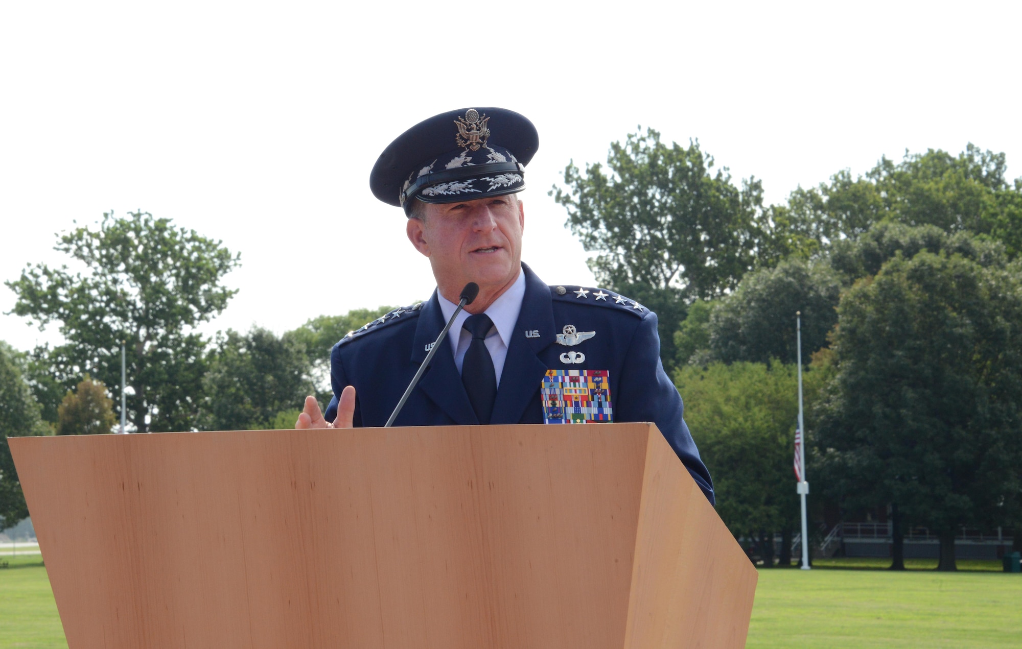 Air Force Chief of Staff Gen. David L. Goldfein provides remarks during the promotion ceremony of Gen. Stephen W. Wilson, the U.S. Strategic Command deputy commander, at Offutt Air Force Base, Neb., July 22, 2016. Goldfein, who presided over the ceremony, said that Wilson had the competence and character required to be promoted to the rank of general and hold the position of 39th vice chief of staff of the Air Force. (U.S. Air Force photo/Master Sgt. April Wickes)