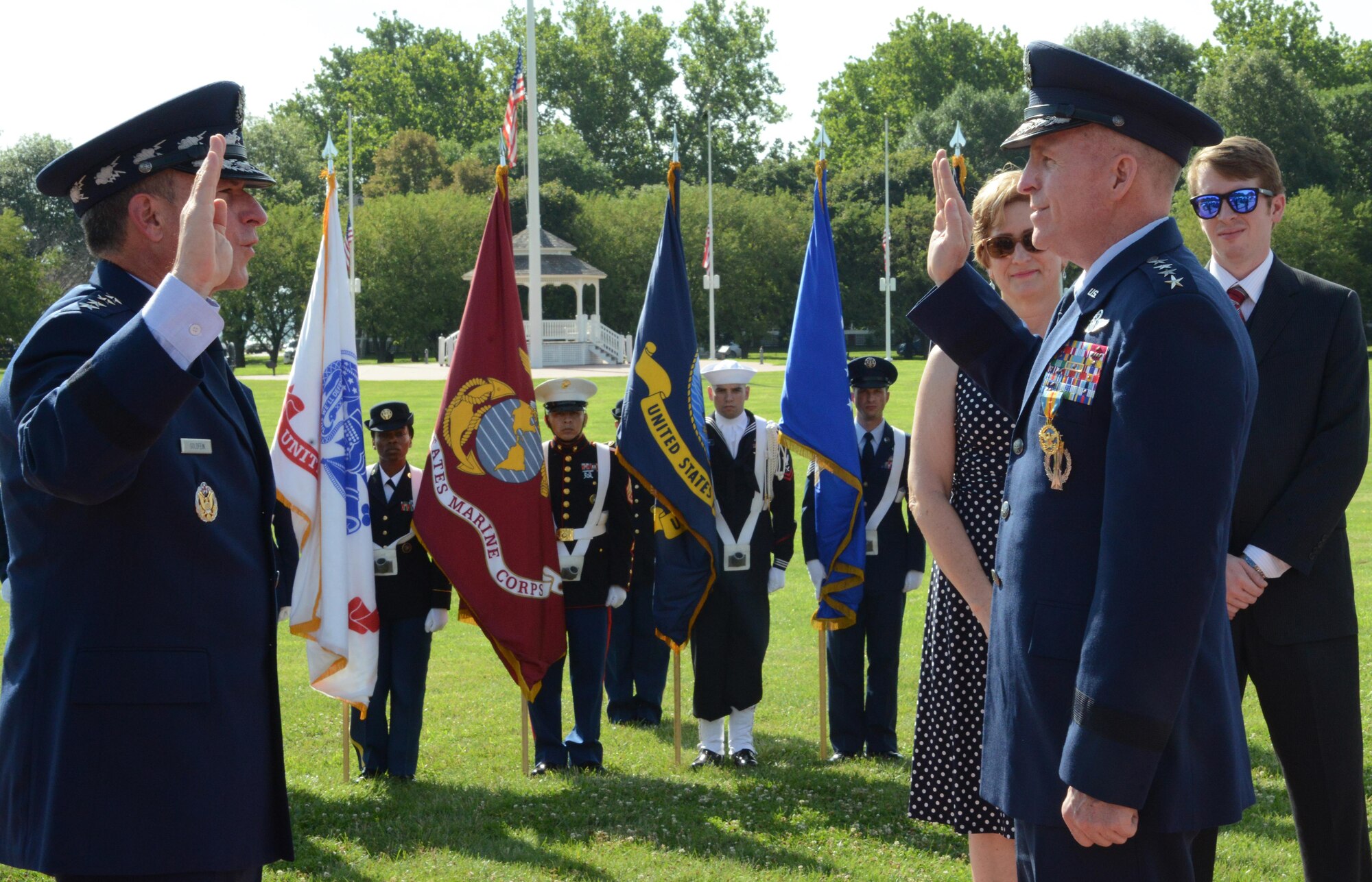Air Force Chief of Staff Gen. David L. Goldfein administers the oath for Gen. Stephen W. Wilson, the U.S. Strategic Command deputy commander, at Offutt Air Force Base, Neb., July 22, 2016. Goldfein, who presided over the ceremony, said that Wilson had the competence and character required to be promoted to the rank of general and hold the position of 39th vice chief of staff of the Air Force. (U.S. Air Force photo/Master Sgt. April Wickes) 