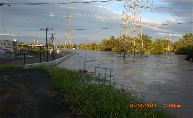 Floodwall located near Brook Industrial Complex in the Borough of Bound Brook, New Jersey during Hurricane Irene in 2011. 