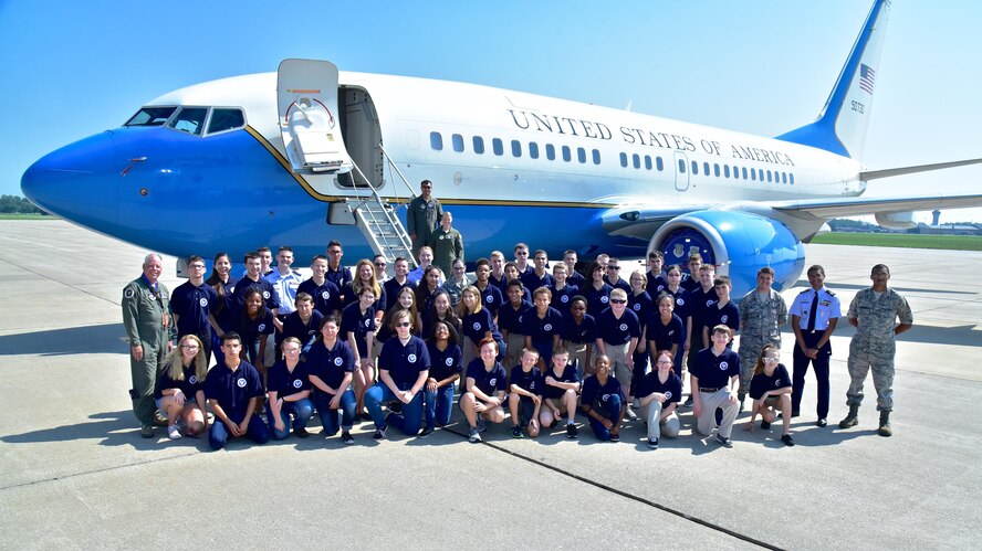 The Mascoutah High School Air Force Junior Reserve Officer Training Corps visit  the 932nd Airlift Wing and tour a C-40, July 21, 2016, Scott Air Force Base, Illinois.  Col.Randall L. Lanning (Retired), far left, is the Senior Aerospace Science Instructor for the group of cadets.  The 932nd AW formally "adopted" the Mascoutah detachment in April 2010. (U.S. Air Force photo/Christopher Parr)