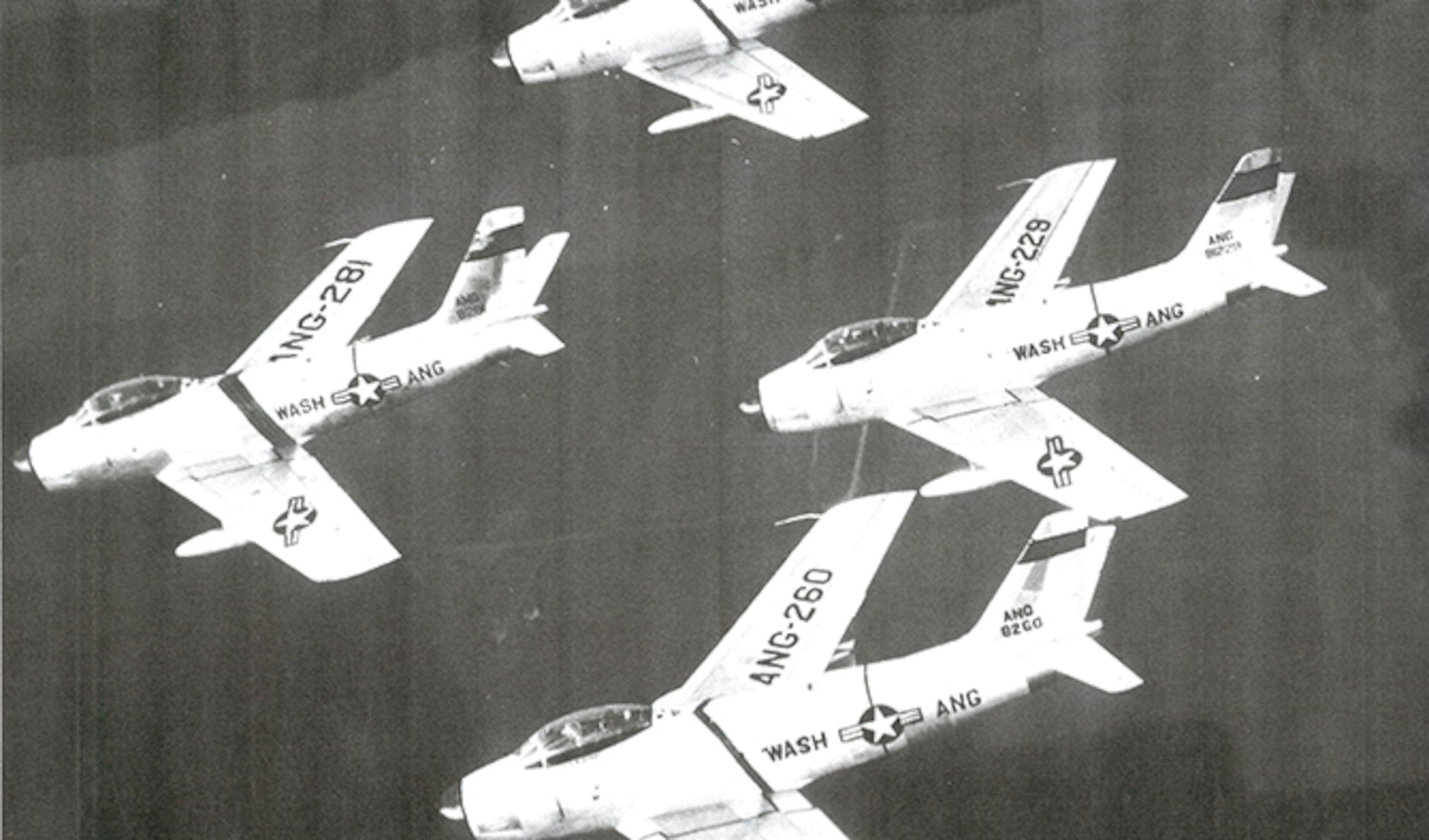 Four Washington National Guard F-86 Sabres in formation. In 1950, the 116th Fighter-Interceptor Squadron was the first guard unit west of the Mississippi River equipped with jets. (Courtesy Photo)
