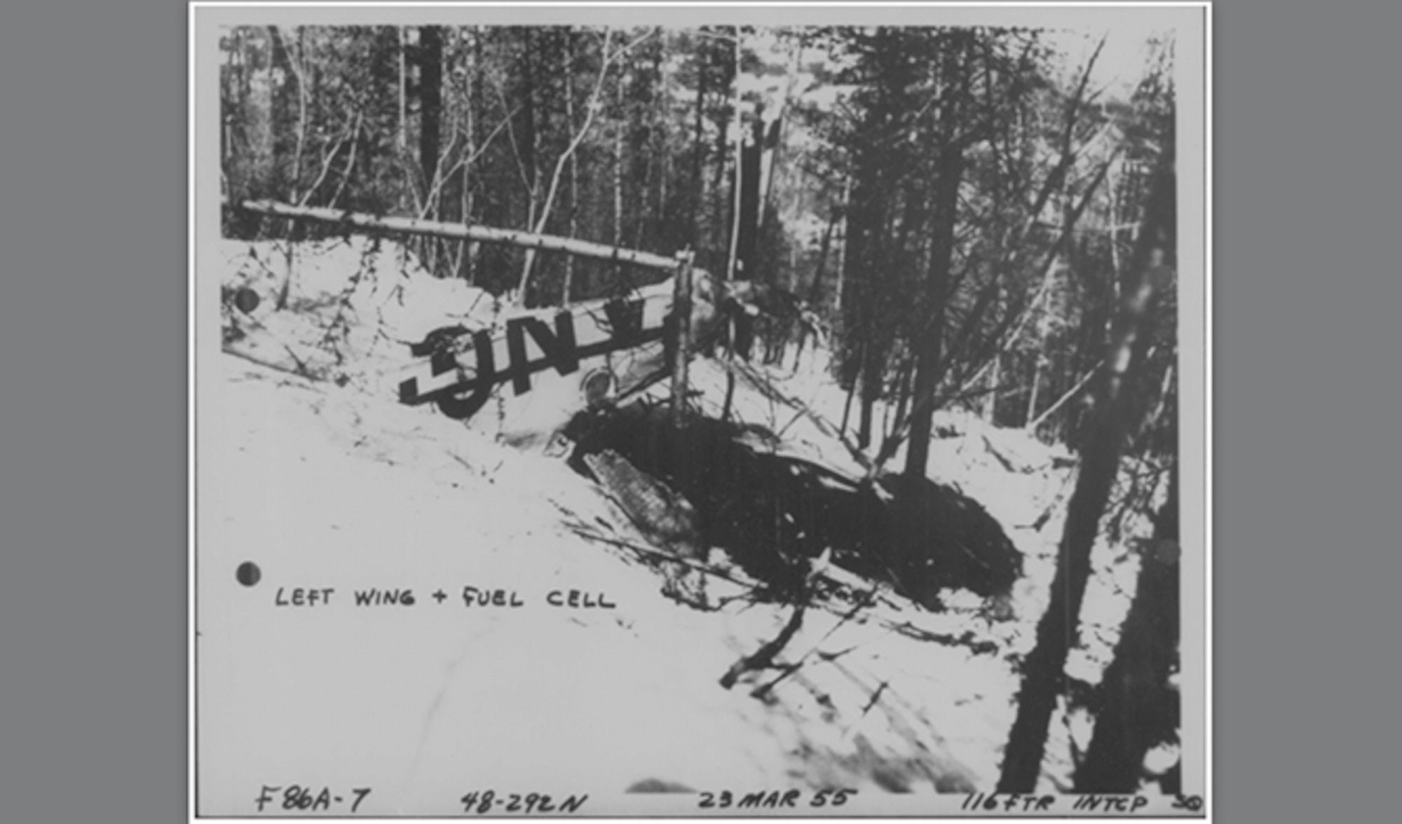 The Washington National Guard F-86 Sabre crash site March 23, 1955, near Timber Mountain, Colville National Forest. Maj. John C. Seeley, ejected from the jet at an altitude of approximately 12,000 after fighting a tight downward spin during the descent. (Courtesy Photo)