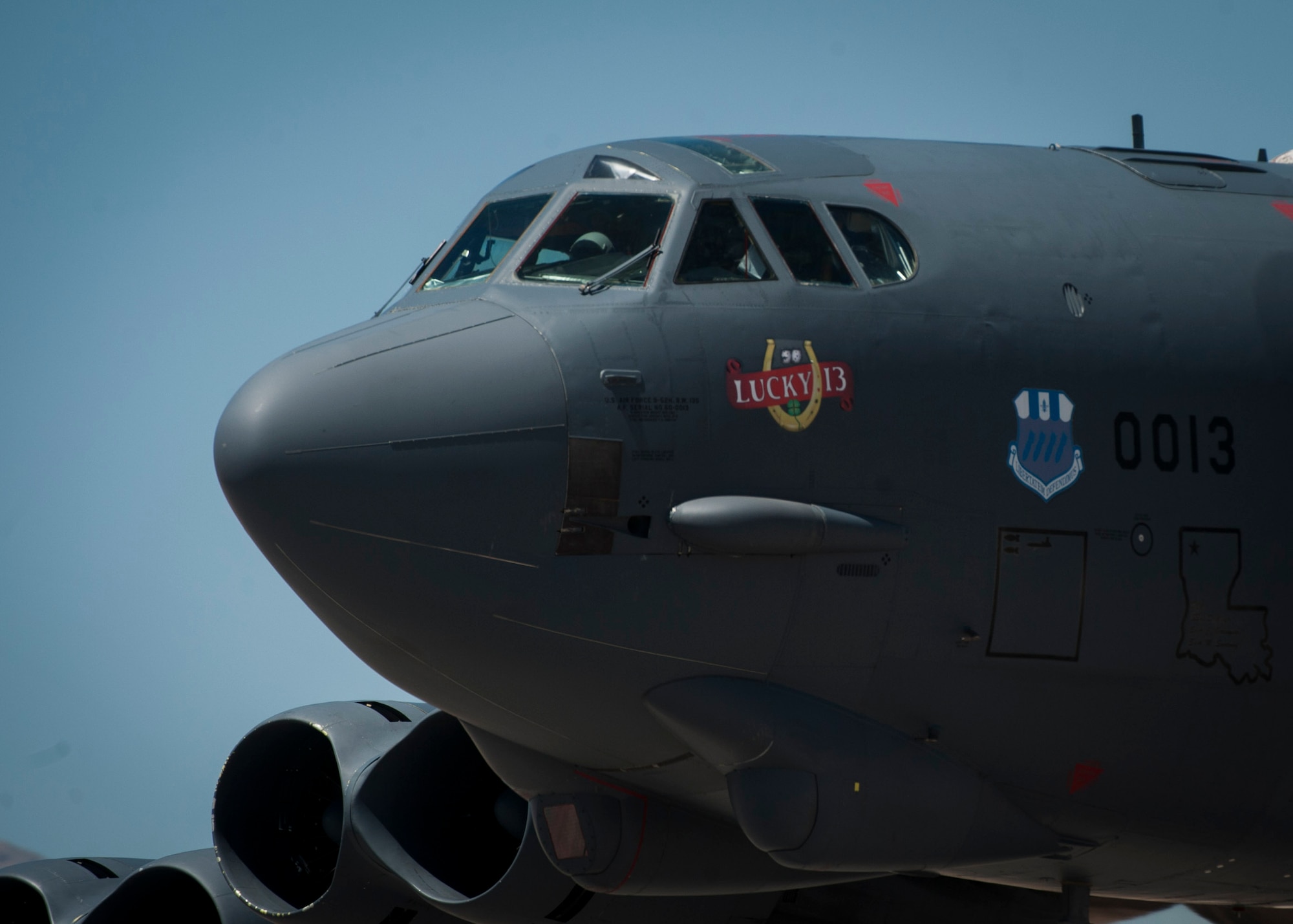 A B-52 Stratofortress from Barksdale Air Force Base, Louisiana, taxis down the Nellis Air Force Base, Nev., flightline in preparation for a training sortie during Red Flag 16-3, July 19, 2016. While participating in Red Flag, the B-52’s primary role is air support, where they are tasked with striking air tasking order assigned targets. (U.S. Air Force photo by Senior Airman Jake Carter/Released)