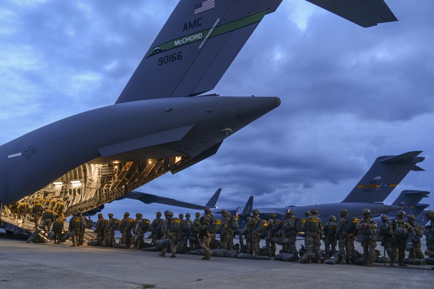 Paratroopers from the 82nd Airborne Division board a C-17 Globemaster III July 16, 2016, at Pope Army Airfield, N.C. The paratroopers, along with Mobility Air Forces, were participating in Operation Devil Strike, a joint Emergency Deployment Readiness Exercise. (U.S. Air Force photo by Tech. Sgt. Sean Tobin)