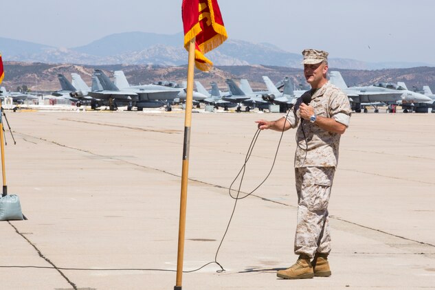 Maj. Gen. Michael Rocco, outgoing commanding officer of 3rd Marine Aircraft Wing, speaks to the guests of the change of command ceremony aboard Marine Corps Air Station Miramar, Calif., July 22. Rocco relinquished command to Maj. Gen. Mark Wise, who came from serving as deputy commander of U.S. Forces Japan. (U.S. Marine Corps photo by Pfc. Jake McClung/Released)