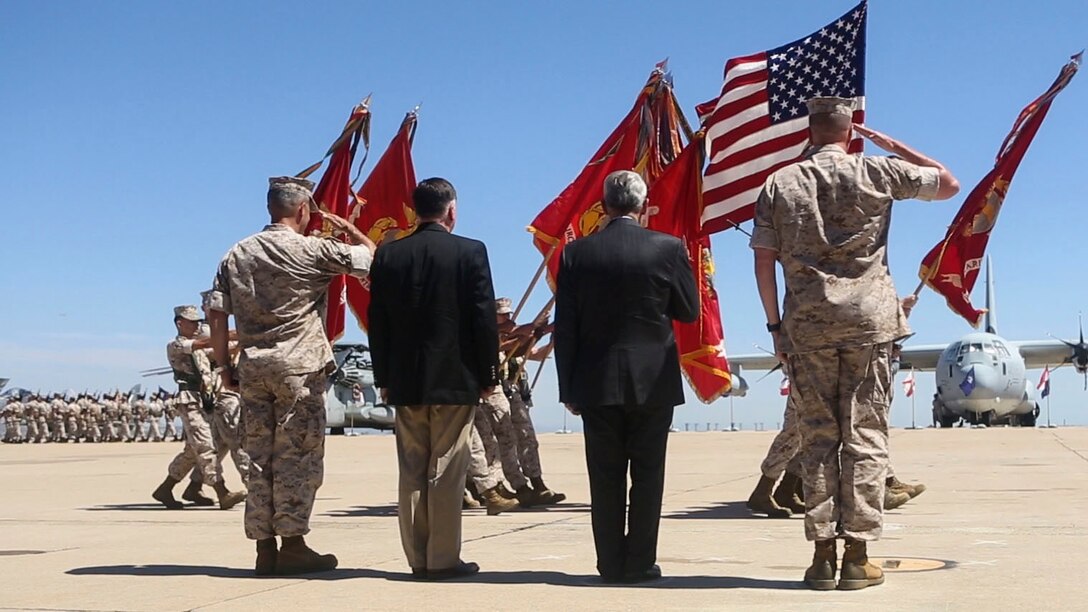 Former commanding generals of 3rd Marine Aircraft Wing joined Maj. Gen. Mark Wise, right, commanding general of 3rd MAW, during the pass in review portion of the change of command aboard Marine Corps Air Station Miramar, Calif., July 22. Maj. Gen. Michael Rocco relinquished command to Wise, who came from serving as deputy commander of U.S. Forces Japan. (U.S. Marine Corps photo by Cpl. Kimberlyn Adams/Released)