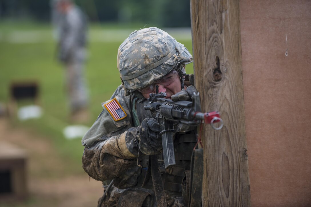 A Cadet in Cadet Initial Entry Training at Fort Knox, Ky., lays down cover fire for his team mate at the Hand Grenade Assault range, July 22. (U.S. Army photo by Sgt. 1st Class Brian Hamilton/ released)