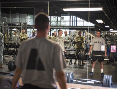 A Cadet in Cadet Initial Entry Training at Fort Knox, Ky., performs the deadlift as a part of the  occupational physical assessment test, or OPAT, July 22. This is the first year the assessment has been given to new Cadets in the Reserve Officers' Training Corps program. (U.S. Army photo by Sgt. 1st Class Brian Hamilton/ released)