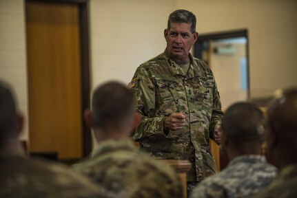 Maj. Gen. Mark McQueen, 108th Training Command (IET) commanding general, speaks to a group of Chaplians Candidates while visiting the Cadet Summer Training mission at Fort Knox, Ky., July 23. The Reserve Officers' Training Corps' Cadet Summer Training Mission is supported by the 108th Training Command (IET) through its Task Force Wolf throughout the summer. (U.S. Army photo by Sgt. 1st Class Brian Hamilton/ released)