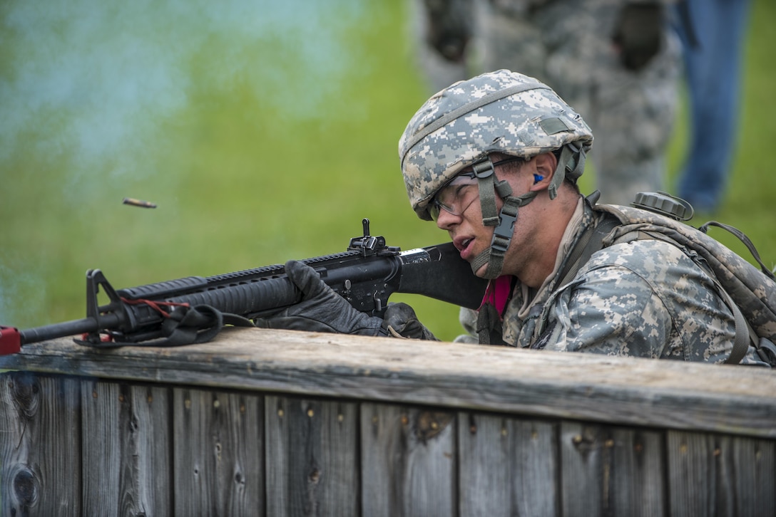 A Cadet in Cadet Initial Entry Training at Fort Knox, Ky., lays down supresive fire for his team mate at the Hand Grenade Assault course, July 22. (U.S. Army photo by Sgt. 1st Class Brian Hamilton/ released)
