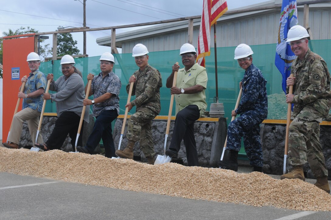 Brig. Gen. Stephen K. Curda, commander of the 9th Mission Support Command was in attendance of the  Saipan U.S. Army Reserve Center's groundbreaking ceremony, July 11, 2016. Along with the commander, in attendance was the Lt. Governor, Commonwealth of the Northern Mariana Islandes, the Honorable Victor Hocog, other state officials and management personnel from Aafes. The center will be undergoing a full revitalization to its complex, enhancing the capabilities of the center to include upgraded storm protection, security systems and upgrades to the air conditioning system. The attached Aafes Troop Store will also be receiving a facelift by upgrading the store by 3 times larger than the existing store in order to more effectively serve Soldiers, Families and Veterans. Project completion is scheduled for March 2017. 
(U.S. Army photo by Sgt. Jessica A. DuVernay)