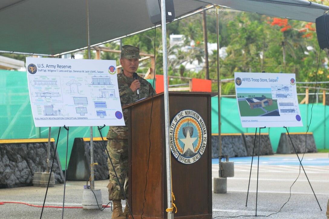 Brig. Gen. Stephen K. Curda, commander of the 9th Mission Support Command was in attendance of the  Saipan U.S. Army Reserve Center's groundbreaking ceremony, July 11, 2016. Along with the commander, in attendance was the Lt. Governor, Commonwealth of the Northern Mariana Islandes, the Honorable Victor Hocog, other state officials and management personnel from Aafes. The center will be undergoing a full revitalization to its complex, enhancing the capabilities of the center to include upgraded storm protection, security systems and upgrades to the air conditioning system. The attached Aafes Troop Store will also be receiving a facelift by upgrading the store by 3 times larger than the existing store in order to more effectively serve Soldiers, Families and Veterans. Project completion is scheduled for March 2017. 
(U.S. Army photo by Sgt. Jessica A. DuVernay)