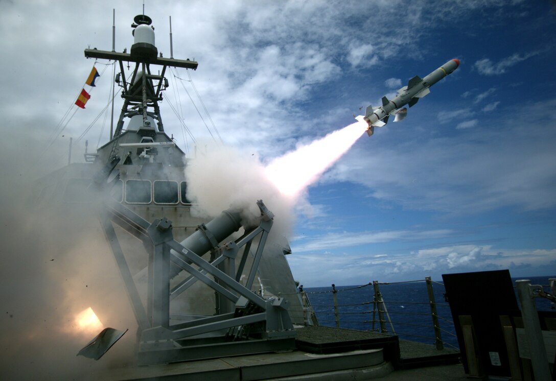 PACIFIC OCEAN (July 19, 2016) USS Coronado (LCS 4), an Independence-variant littoral combat ship, launches the first over-the-horizon missile engagement using a Harpoon Block 1C missile. Twenty-six nations, 40 ships and submarines, more than 200 aircraft and 25,000 personnel are participating in RIMPAC from June 30 to Aug. 4, in and around the Hawaiian Islands and Southern California. The world's largest international maritime exercise, RIMPAC provides a unique training opportunity that helps participants foster and sustain the cooperative relationships that are critical to ensuring the safety of sea lanes and security on the world's oceans. RIMPAC 2016 is the 25th exercise in the series that began in 1971. 
