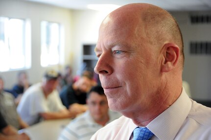 Mr. James Balocki, chief executive officer and director of Services and Installations, U.S. Army Reserve, takes questions from employees at the 99th Regional Support Command’s Equipment Concentration Site 24 in Fort Indiantown Gap, Pennsylvania, during a July 21 townhall meeting. On-site visits like this one allow Balocki to get a better sense of the needs of the civilians who work for the U.S. Army Reserve