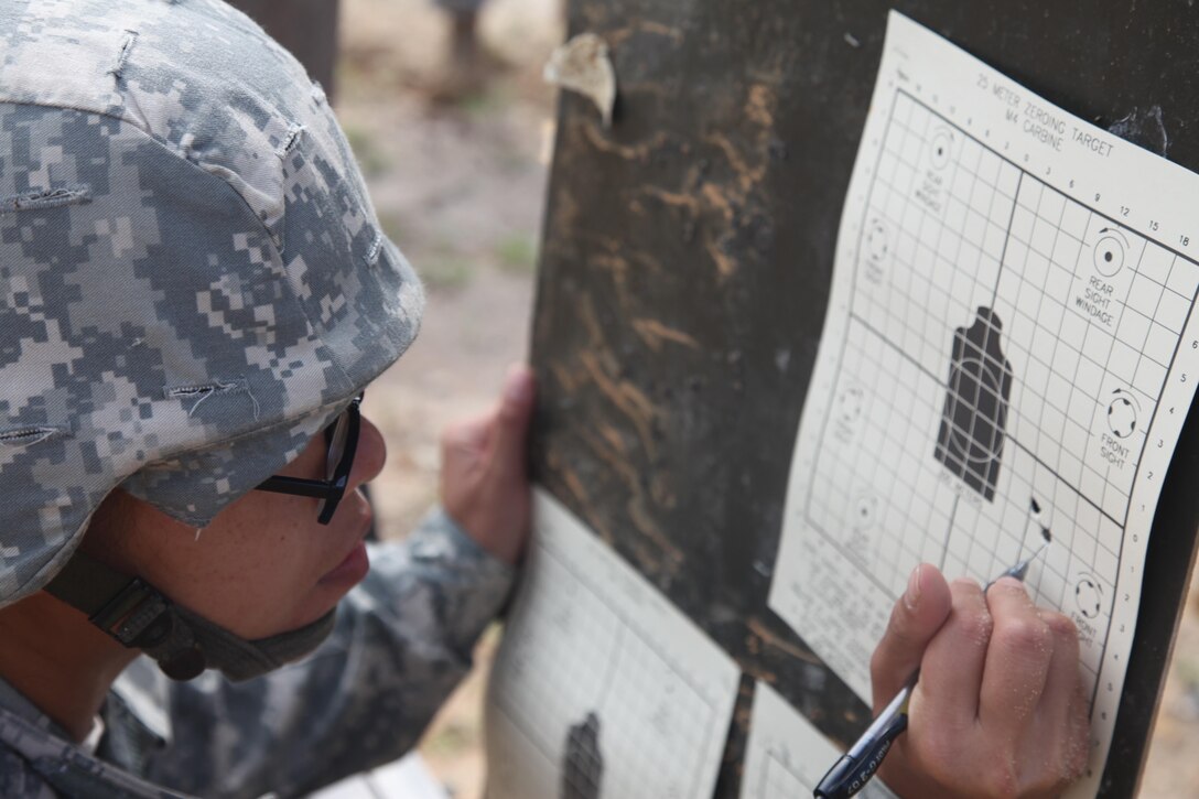 U.S. Army Spc. Lisa Velazco of the 982nd Combat Camera Company conducts zero training at Fort Bragg, NC on July 16, 2016. The 982nd perfoms this training annually to maintain unit readiness. (U.S. Army Photo by Spc. Kwamel Hargett/Released)