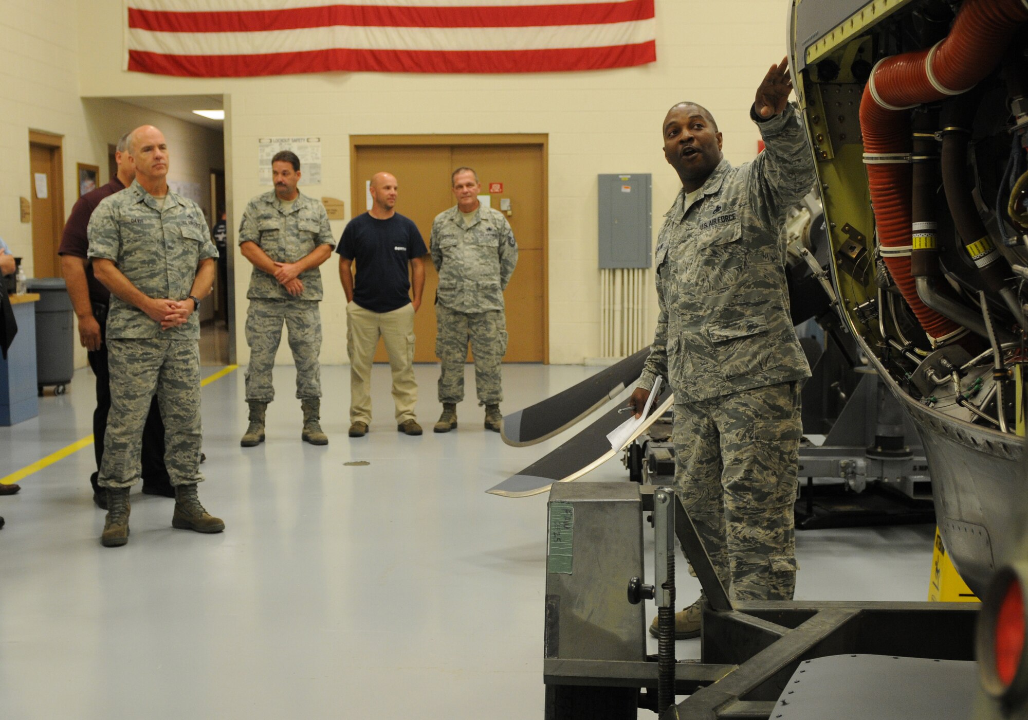 Master Sgt. Donald Maloid, 403rd Maintenance Squadron air reserve technician, shows propulsion flight equipment to Maj. Gen. T. Glenn Davis, mobilization assistant to the Air Force Material Command commander, July 21, 2016, on Keesler Air Force Base, Mississippi. Davis toured units within the 403rd MXS and also visited Airmen to discuss ways to improve the squadron. (U.S. Air Force photo/Senior Airman Holly Mansfield)
