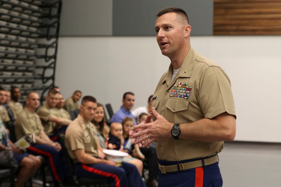 U.S. Marine Corps Maj. Paul B. Bock gives his thanks and final words of wisdom during Recruiting Station Frederick’s change of command ceremony June 28, 2016 at Fort Detrick. Bock relinquished command to Maj. Luke A. Sauber during the ceremony.