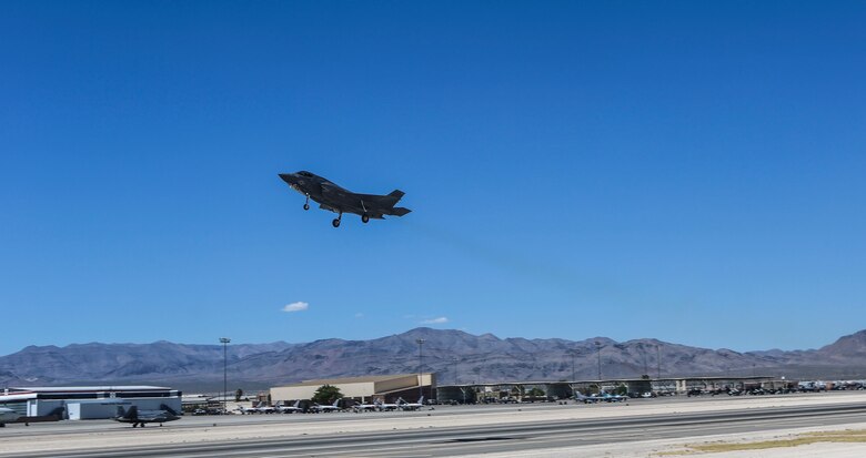 An F-35B Lightning II with Marine Fighter Attack Squadron (VMFA) 121 takes off during exercise Red Flag 16-3 at Nellis Air Force Base, Nev., July 20. This is the first time that the fifth generation fighter has participated in the multiservice air-to-air combat training exercise. (U.S. Marine Corps photo by Lance Cpl. Harley Robinson/Released)