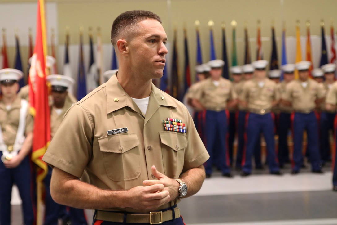 U.S. Marine Corps Maj. Luke A. Sauber gives his thanks and remarks during Recruiting Station Frederick’s change of command ceremony June 28, 2016 at Fort Detrick. Sauber is the incoming commanding officer for the recruiting station while Maj. Paul B. Bock is the outgoing commanding officer. 