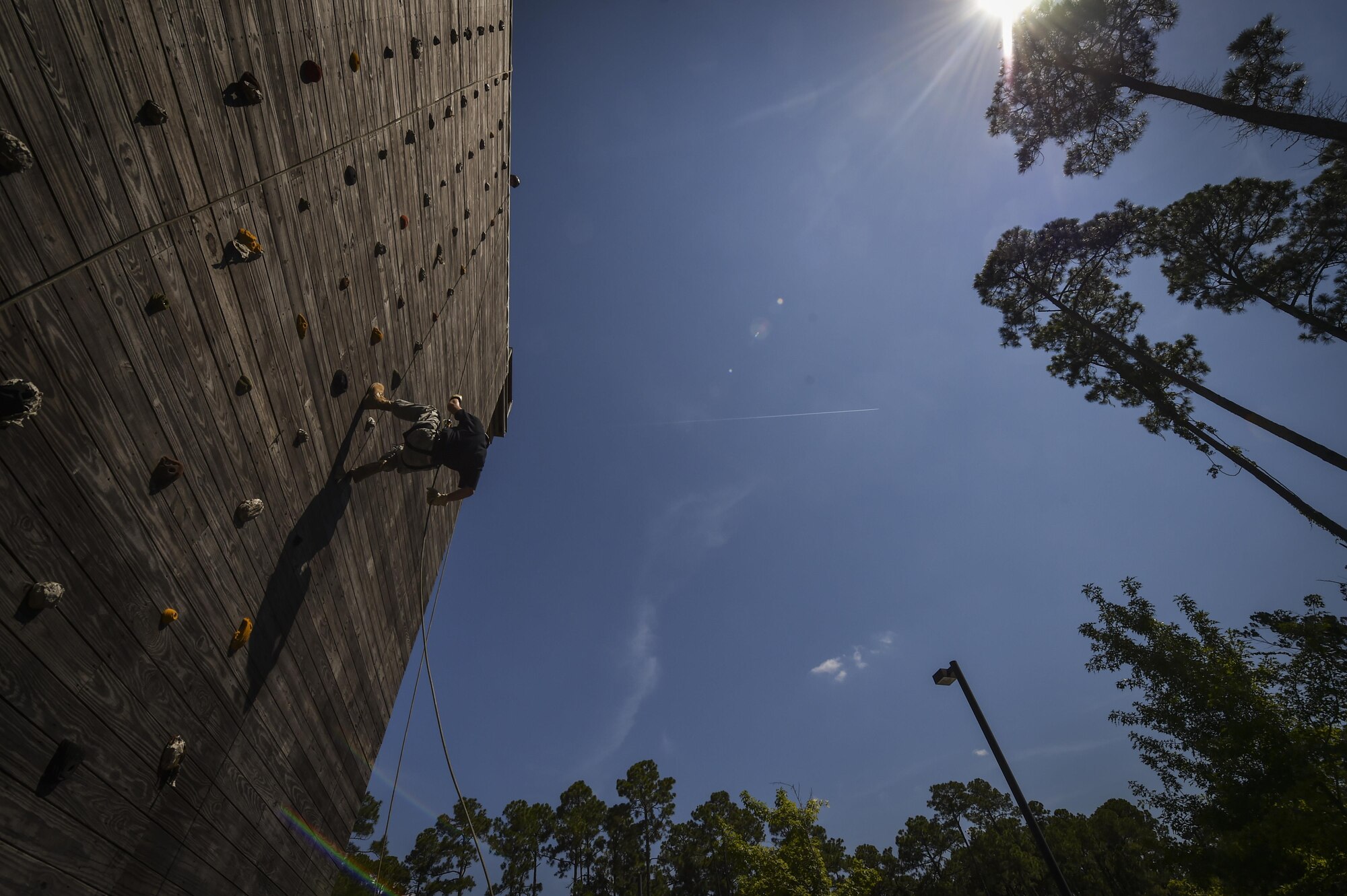 A Junior ROTC cadet rappels down a 40-foot tower, normally used for training on rescue and infiltration techniques, at Hurlburt Field, Fla., July 20, 2016. Special Tactics Airmen partnered with 60 cadets from five local high schools for a week-long Summer Leadership Course, teaching leadership, teamwork and self-confidence. (U.S. Air Force photo by Senior Airman Ryan Conroy)