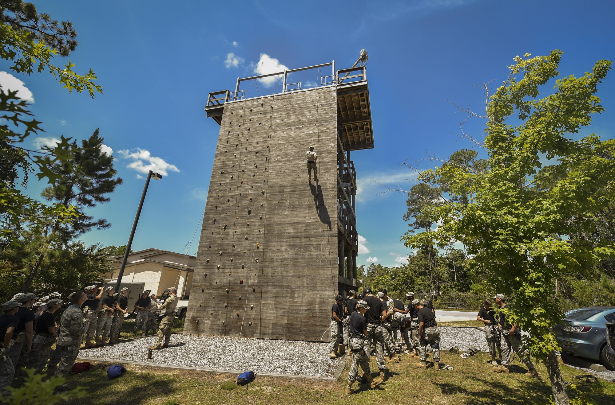 Junior ROTC cadets rappel down a 40-foot tower normally used for training on rescue and infiltration techniques, at Hurlburt Field, Fla., July 20, 2016. Special Tactics Airmen partnered with 60 cadets from five local high schools for a week-long Summer Leadership Course, teaching leadership, teamwork and self-confidence. (U.S. Air Force photo by Senior Airman Ryan Conroy)