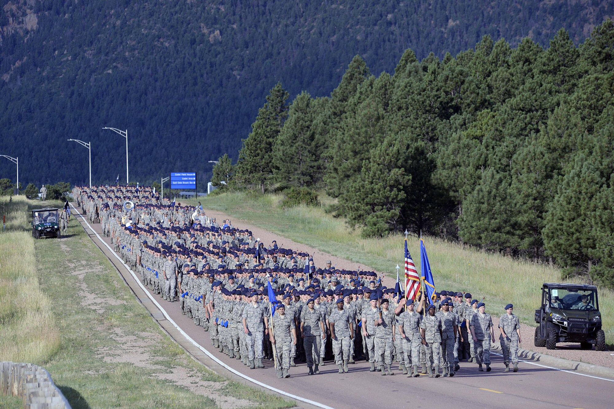 Cadet trainees and cadre march out to Jacks Valley July 24, 2016, to begin the field training portion of Basic Cadet Training. Cadet trainees will spend 11 days going through several courses that will test their teamwork, mental fortitude and fears. 