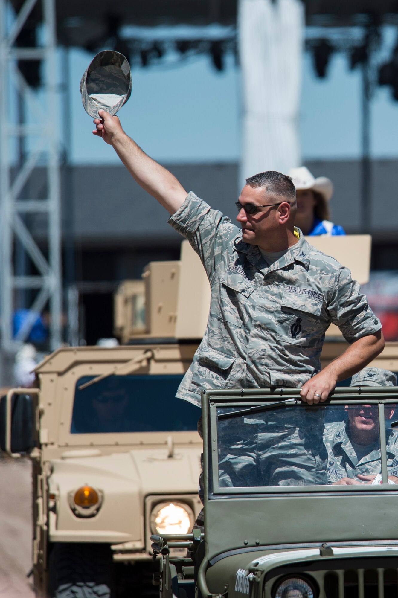 Col. Stephen Kravitsky, 90th Missile Wing commander, greets the crowd at Cheyenne Frontier Day’s Military Monday in Cheyenne, Wyo., July 25, 2016. Leadership from local military installations including F.E. Warren Air Force Base were invited to be a part of the Military Monday festivities. (U.S. Air Force photo by Staff Sgt. Christopher Ruano)