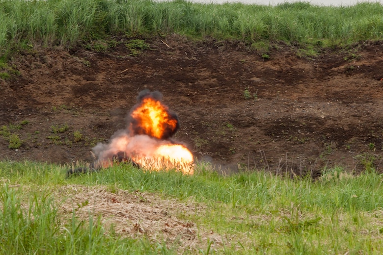 An M18A1 Claymore Mine detonates claymore training at exercise Eagle Wrath 2016 at Combined Arms Training Center Camp Fuji, July 20, 2016. The squadron plans to complete their unit annual training requirements throughout three stages, which focus on air base ground defense and Marine Corps common skills that Marines are unable to train for locally. Combat engineers within the squadron also conducted training for Military Operations in Urban Terrain, which focuses on improving the individual and collective combat skills of the Marines. (U.S. Marine Corps photo by Lance Cpl. Aaron Henson)