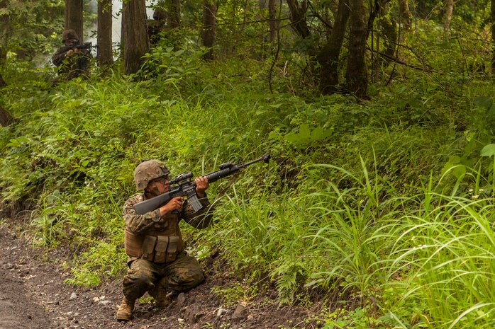 U.S. Marines with Fuels platoon and Headquarters and Service Company, Marine Wing Support Squadron (MWSS) 171 stationed at Marine Corps Air Station Iwakuni, Japan, fire their M16A4 service rifles at simulated enemies while conducting company-level training during exercise Eagle Wrath 2016 at Combined Arms Training Center Camp Fuji, July 21, 2016. During this training, the company commanders have the opportunity to train their personnel and prepare for the final culminating event where Marines will construct and defend a landing zone and refueling point. (U.S. Marine Corps photo by Lance Cpl. Aaron Henson)