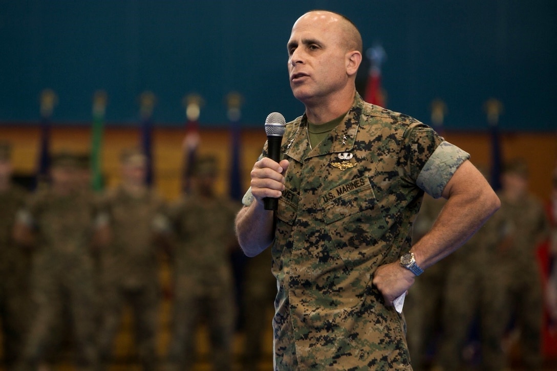 Maj. Gen. Joaquin F. Malavet gives his remarks during a change of command ceremony July 12 on Combined Arms Training Center Camp Fuji, Shizuoka, Japan. Col. Todd R. Finley relinquished command of CATC Camp Fuji to Col. Christopher R. Escamilla as commanding officer. “Col. Finley commanded with true love for Japan and the Marine Corps, and with true compassion for his Marines. I have no doubt that Col. Escamilla will take it to the next level,” said Malavet. Malavet is the commanding general of Marine Corps Installations Pacific-Marine Corps Base Camp Butler, Japan.