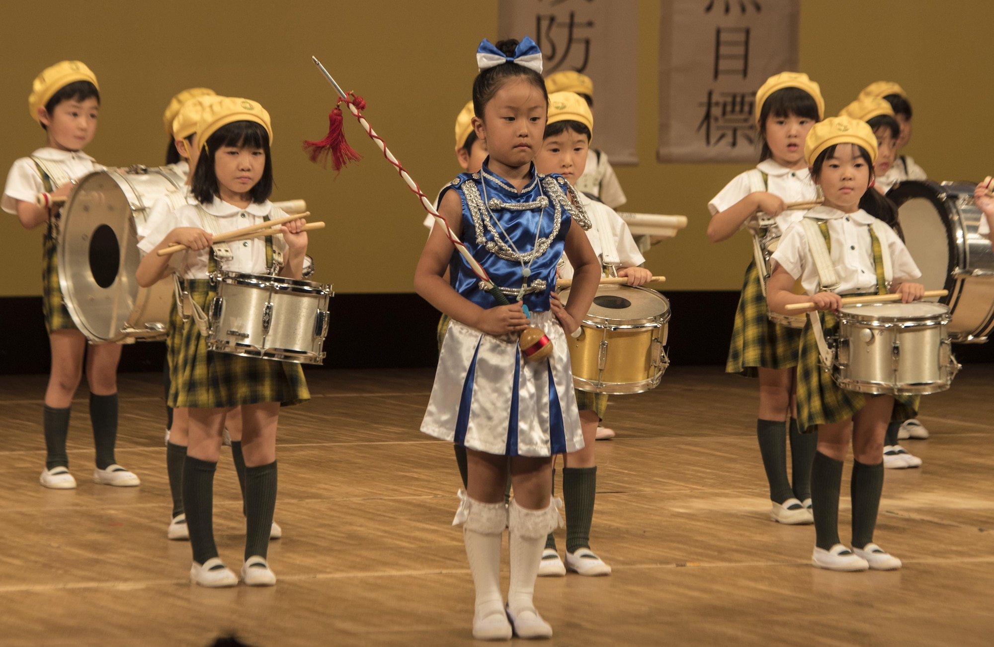 The Misawa Daiichi Kindergarten marching band performs a recital during the 24th Annual Traffic Safety Day in Misawa City, Japan, July, 22, 2016. The demonstration signified the students’ dedication to the traffic safety campaign and helped to focus on the prevention of traffic accidents involving children. (U.S. Air Force photo by Senior Airman Jordyn Fetter)